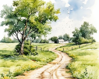 Country Lane Watercolor Clipart | 10 JPG | Farm Country Lane ClipArt, Country Lane JPG, Instant Digital Download