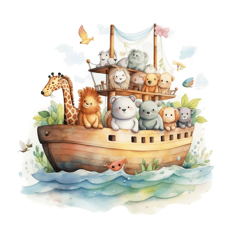 K&ouml;nnte beinhalten: Ein Aquarellbild eines Holzboots mit einer Vielzahl von Tieren an Bord, darunter eine Giraffe, ein L&ouml;we, ein B&auml;r und mehrere andere Tiere. Das Boot segelt auf einem blauen Meer mit gr&uuml;nen Pflanzen und einem blauen Himmel im Hintergrund.