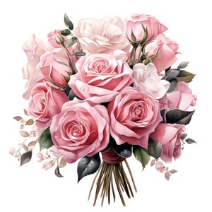 Pink Roses Clipart, 10 JPG Roses Bouquet, Valentine&#39;s Day Pink Bouquet Printable Watercolor clipart Digital download High resolution