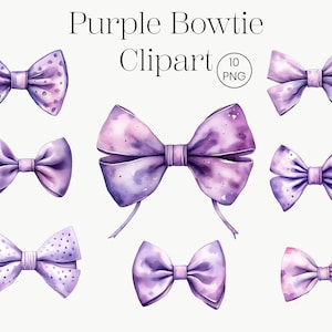 Op de afbeelding: Waterverfillustratie van negen paarse vlinderdassen in verschillende stijlen. Sommige vlinderdassen hebben stippen, andere zijn effen. De tekst "Purple Bowtie Clipart" staat bovenaan, met "10 PNG" in een cirkel.