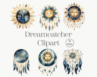 Watercolor Dreamcatcher Clipart | 10 Transparent PNG | Celestial Dreamcatcher Clipart Feather Spiritual Sun Moon Stars Cosmic