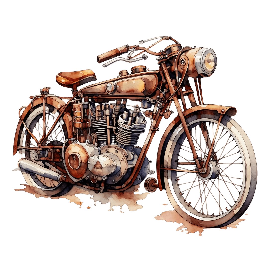 60’’英国アンチーク、バイク会社の立体彫刻絵 スチームパンクなバイクのクリップアート：ヴィンテージ水彩画