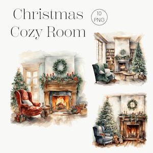 Christmas Cozy Room Clipart | 10 Transparent PNG | Cozy Room Fireplace Holiday Watercolor Clipart Bundle Christmas Tree Reading Corner