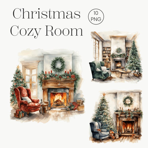 Christmas Cozy Room Clipart | 10 Transparent PNG | Cozy Room Fireplace Holiday Watercolor Clipart Bundle Christmas Tree Reading Corner