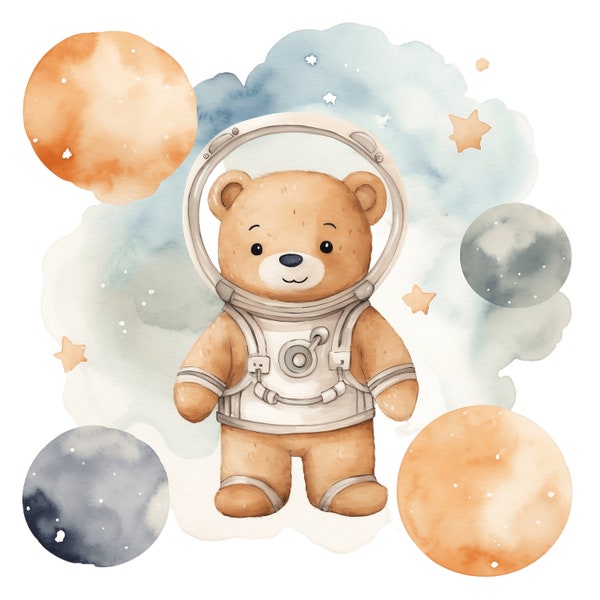 Teddy Bear Space Clipart | 10 JPG | Watercolor Bear Astronaut Clipart Watercolor Clipart Boho Outer Space Graphics Rocket Ship Animal