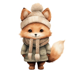 Renard en laine chapeau Clipart 10 JPG hiver renard des bois animaux bébé imprimable aquarelle clipart Téléchargement numérique de haute qualité, créations en papier
