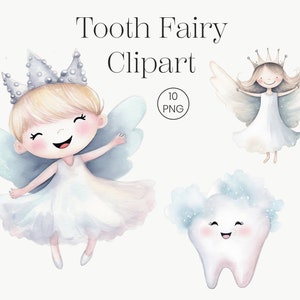 Clipart aquarelle fée des dents | 10 cliparts de personnages de fées PNG de haute qualité, conte de fées, ailes, dent de bébé | Téléchargement numérique, Fabrication de cartes