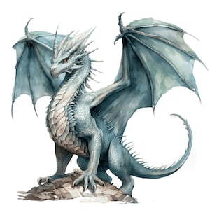 Puede incluir: Un drag&oacute;n azul y blanco con ojos rojos se encuentra de pie sobre una roca con las alas extendidas.