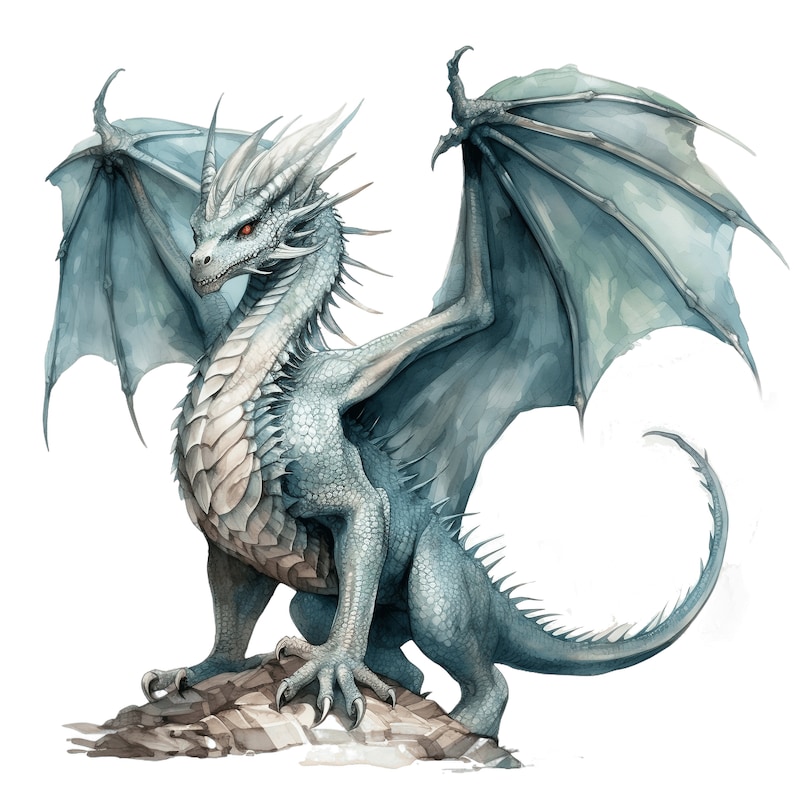 Puede incluir: Un drag&oacute;n azul y blanco con ojos rojos se encuentra de pie sobre una roca con las alas extendidas.
