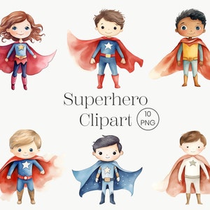 Superhéroe Niños Clipart / 10 PNG / Acuarela Superhéroe Clipart Vivero arte pared decoración Niña Niño Héroe Cumpleaños Bebé Héroe Superhéroes