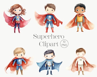 Superhero Kids Clipart | 10 PNG | Watercolor Superhero Clipart Nursery art wall decor Girl Boy Hero Birthday Baby Hero Super Heroes