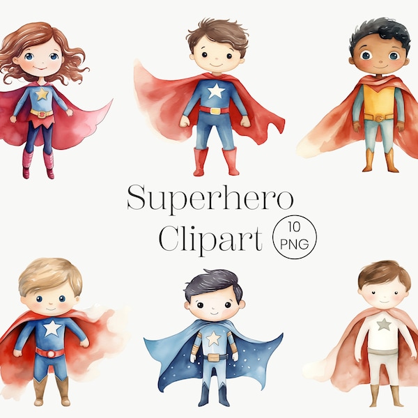 Superhero Kids Clipart | 10 PNG | Watercolor Superhero Clipart Nursery art wall decor Girl Boy Hero Birthday Baby Hero Super Heroes