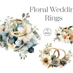 結婚指輪の花の水彩画 | 結婚式のパステル クリップアート | 10 個の透明な PNG | デジタル ダウンロード クリップアート