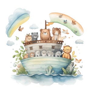 K&ouml;nnte beinhalten: Ein Aquarellbild eines blauen Bootes mit einem Regenbogen dar&uuml;ber. Das Boot ist mit verschiedenen Tieren gef&uuml;llt, darunter ein L&ouml;we, ein B&auml;r, ein Tiger und mehrere andere kleinere Tiere. Die Tiere schauen alle den Betrachter an.