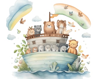 Watercolor Noah&#39;s Ark Watercolor Clipart, 10 JPG Noah&#39;s Ark Clipart, Christian Clipart Bundle, Religious Clipart Bible JPG Commercial Use