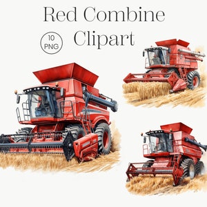 Acuarela de cosechadora combinada roja, imágenes prediseñadas de vehículos agrícolas, tractor de granja de cosecha, PNG de vida agrícola, imágenes prediseñadas de camiones, decoración de vivero de granja