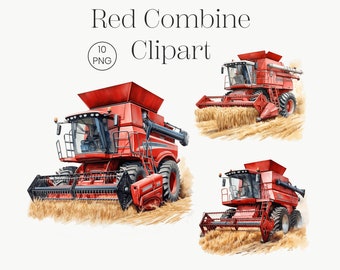 Red Combine Harvester Watercolor, Farming Vehicles Clipart, Harvest Farm Tractor, Farm Life PNG, Truck Clipart, Farm Nursery Decor