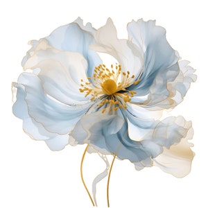 May include: A delicate floral illustration featuring a large, stylized flower with soft, translucent petals in shades of blue and cream. The flower's center is a vibrant yellow with golden stamens. Fine gold lines outline the petals and stems, creating an elegant, artistic design.