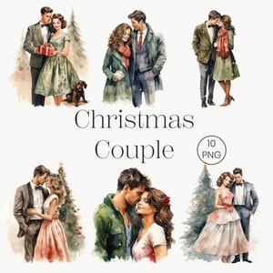 Kerstpaar aquarel | 10 Transparante PNG | Verliefde paar clipart bundel, retro vintage kerst, romantische kerstkaart maken