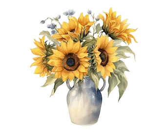 Watercolor Sunflower Bouquet Clipart | Vase of Flowers (JPGs)