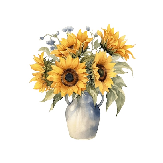 水彩画のひまわりの花束のクリップアート | 花瓶の花 (JPG) - Etsy 日本
