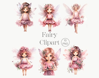 May include: Six digital illustrations of fairies with pink dresses, wings, and flowers. The fairies have different hairstyles and expressions. The text "Fairy Clipart 10 PNG" is at the bottom of the image.