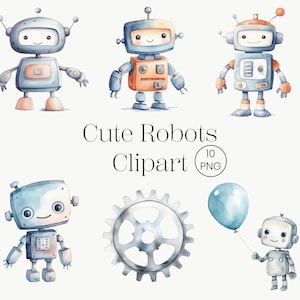 水彩ロボット クリップアート | 10 PNG | ロボット プリント 子供、男の子、メカニック、テクニック、キャラクター、ベビーシャワー、保育園、ロボット工学