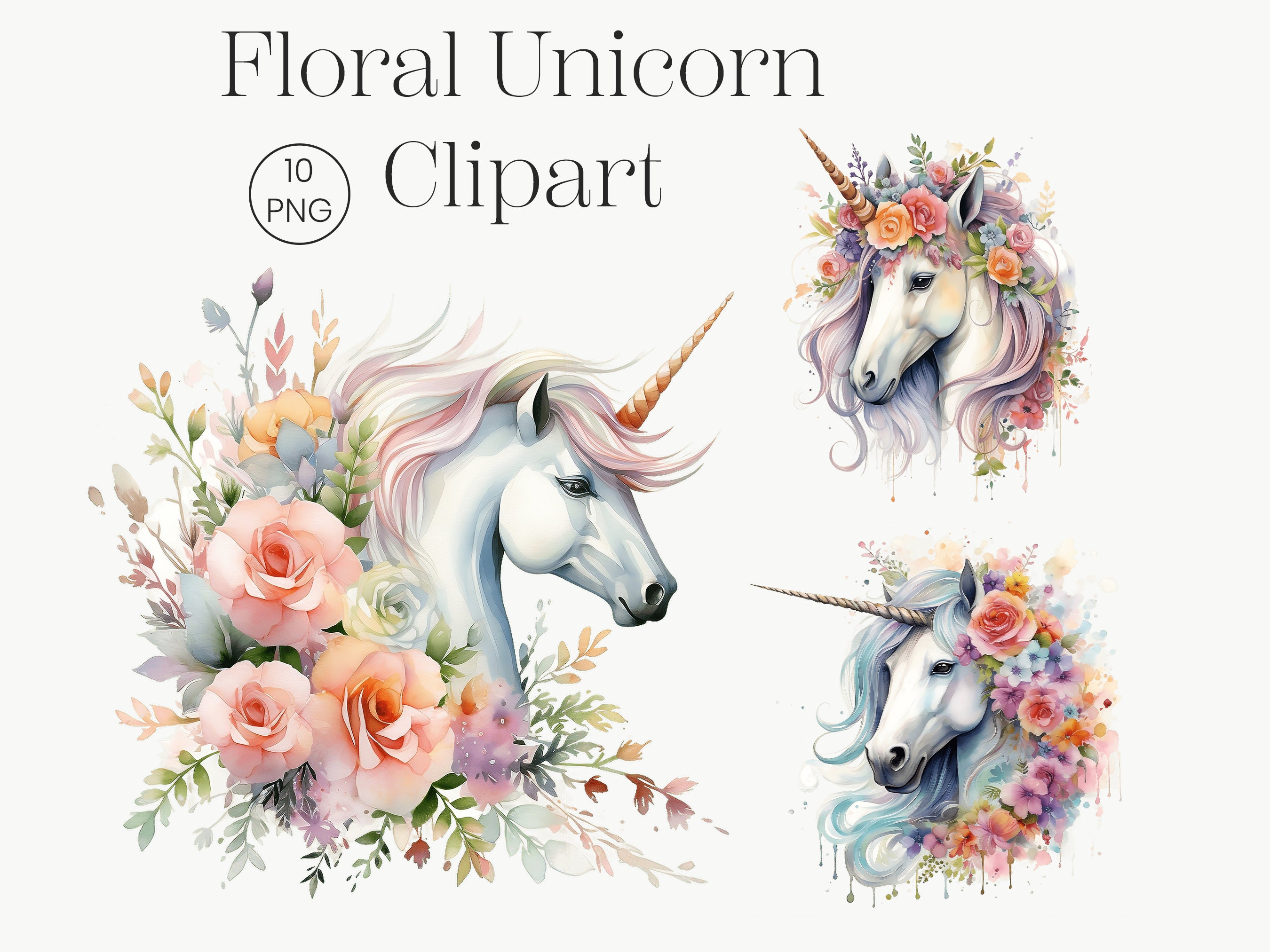 Watercolor Unicorn Clipart: Floral Unicorn PNG Set (digital Download ...