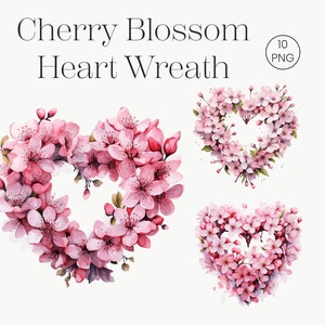 Clipart ghirlanda cuore fiori di ciliegio / 10 PNG trasparente / download digitale, clipart acquerello, creazione di cartoline, artigianato con carta digitale