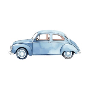 May include: A light blue vintage car with white trim, painted in a watercolor style.