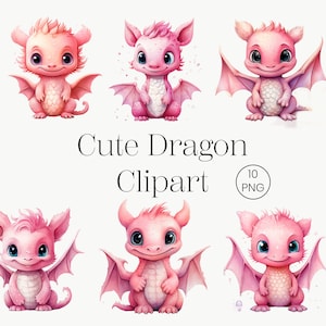 Cute Baby Dragon Clipart | 10 PNG | Pink Watercolor Fantasy Dragon Clipart Bundle Fairy Tale Clipart Cute Graphic Set Nursery