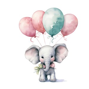 Baby Elephant Balloons Clipart | 10 JPG | Watercolor Birthday Clipart ...