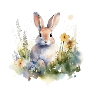 Floral Bunny in a Meadow Rabbit Clipart | 10 High Quality JPG | Cute Bunny Floral Rabbit, Bunny with Flowers Floral Animal