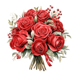 Watercolor Red Rose Clipart 10 JPG, Valentine&#39;s day, Flower Clip Art, Red Rose Clipart Bundle, Wedding Bouquet JPG Roses Bouquet