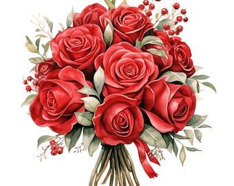 Watercolor Red Rose Clipart 10 JPG, Valentine's day, Flower Clip Art, Red Rose Clipart Bundle, Wedding Bouquet JPG Roses Bouquet