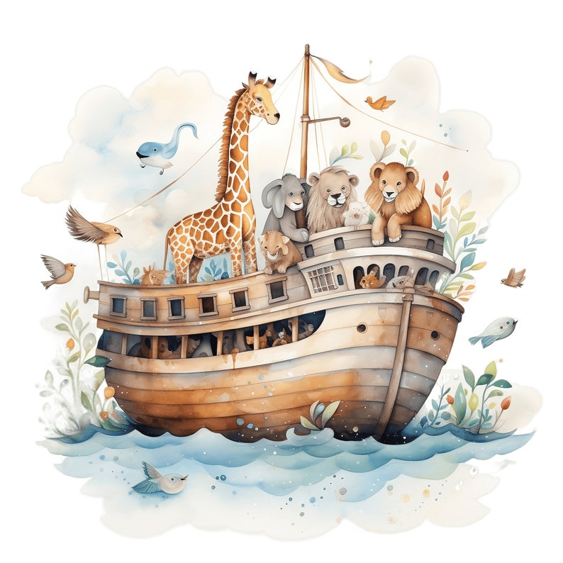 K&ouml;nnte beinhalten: Eine Aquarell-Illustration eines Holzboots mit einer Giraffe, L&ouml;wen und anderen Tieren an Bord. Das Boot segelt auf einem blauen Meer mit wei&szlig;en Wolken im Hintergrund.