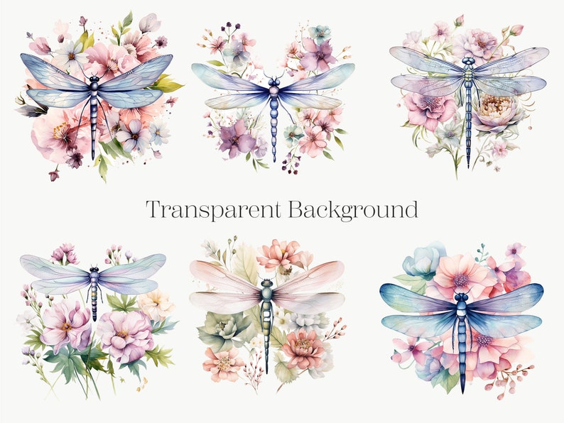 Watercolor Dragonfly Clipart: Floral Insect PNG Collection (digital ...