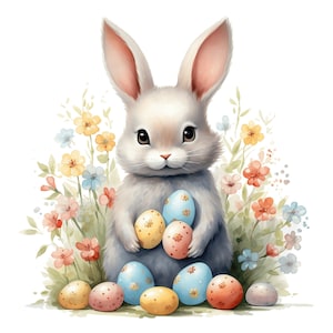Aquarelle Lapin de Pâques Clipart | 10JPG | Lapin de Pâques avec des œufs Fleurs Aquarelle imprimable Téléchargement numérique de haute qualité, Paper Craft