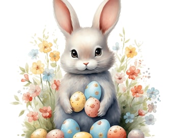 Watercolor Easter Bunny Clipart | 10 JPG | Easter Rabbit With Eggs Flowers Printable Watercolor High Quality Digital Download, Paper Craft