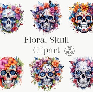 Watercolor Butterfly Skulls, 10 Transparent Floral Skull Clip Art PNG, Gothic Clipart, Witch Png, Fantasy Clipart, Wiccan Clipart, Skull PNG