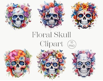 Watercolor Floral Skull Clipart: Butterfly Skulls, Gothic PNG (Digital Download)