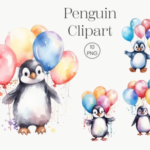 Pingüino con globos acuarela Clipart / 10 PNG de acuarela transparente / Pingüino clipart, pingüinos lindos, imágenes prediseñadas de animales de cumpleaños
