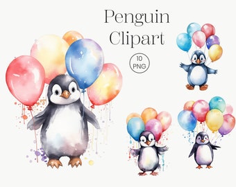 May include: Watercolor clipart of penguins holding colorful balloons. There are three penguins in the image, each with a different balloon arrangement. The penguins are all wearing a black and white tuxedo. The balloons are in shades of pink, blue, yellow, and red. The text "Penguin Clipart" is written in black at the top of the image. The text "10 PNG" is written in black in a circle at the top of the image.