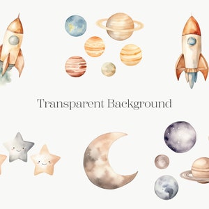 May include: Watercolor illustration of a space scene with planets, stars, a moon, and rockets. The planets are painted in shades of brown, orange, and blue. The stars are yellow and have smiling faces. The moon is a crescent shape and is painted in shades of brown and gray. The rockets are red and white and have a yellow flame coming out of the back.