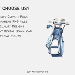 Puede incluir: Ilustraci&oacute;n en acuarela de una bolsa de golf azul llena de palos de golf. La imagen incluye el texto "WHY CHOOSE US?" y enumera "EXCLUSIVE CLIPART PACK", "TRANSPARENT PNG FILES", "HIGH-QUALITY DESIGNS", "INSTANT DIGITAL DOWNLOAD" y "COMMERCIAL RIGHTS".