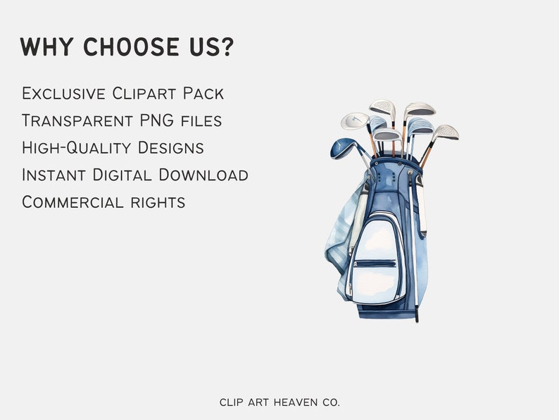 Puede incluir: Ilustraci&oacute;n en acuarela de una bolsa de golf azul llena de palos de golf. La imagen incluye el texto "WHY CHOOSE US?" y enumera "EXCLUSIVE CLIPART PACK", "TRANSPARENT PNG FILES", "HIGH-QUALITY DESIGNS", "INSTANT DIGITAL DOWNLOAD" y "COMMERCIAL RIGHTS".