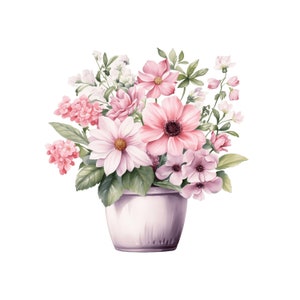 瓶に入った水彩画の花のクリップアート | 10 JPG | ピンクの花 PNG 紫の花の花束 jpg ミックスメディア デジタルペーパークラフト 壁飾り