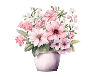 Watercolor Flowers in Jar Clipart | 10 JPG | Pink Flowers Png Purple Flower Bouquet jpg Mixed Media Digital Paper Craft Wall Decor