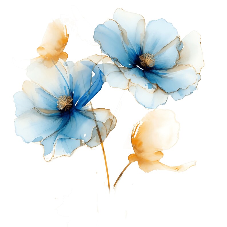 May include: Watercolor painting of blue and orange flowers with gold accents. The flowers have delicate, translucent petals and are set against a white background. The artwork has a soft, ethereal quality, with a focus on light and color.