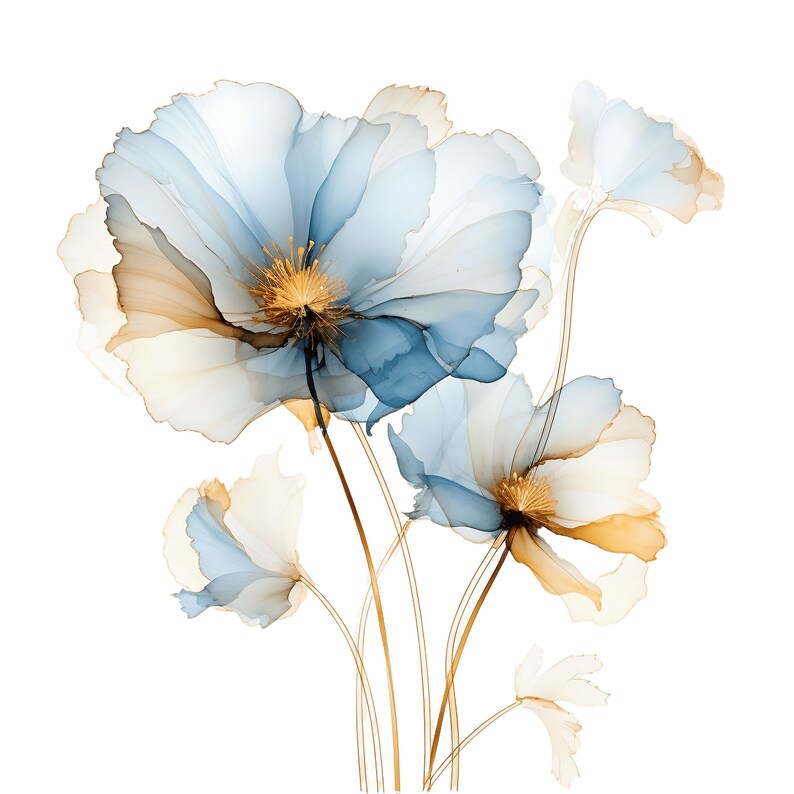 May include: Watercolor floral art print featuring delicate blue, gold, and white flowers. The artwork showcases translucent petals and fine, golden stems against a white background. The flowers have a soft, ethereal quality.